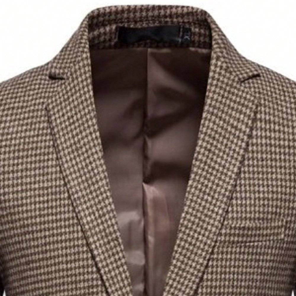 Brown Casual Mens Houndstooth Single Button Tweed Blazer - Picture 3 of 3